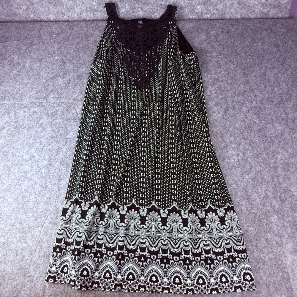 White House Black Market Crochet Neck Print Dress Black Ecru L 570231503 NWT